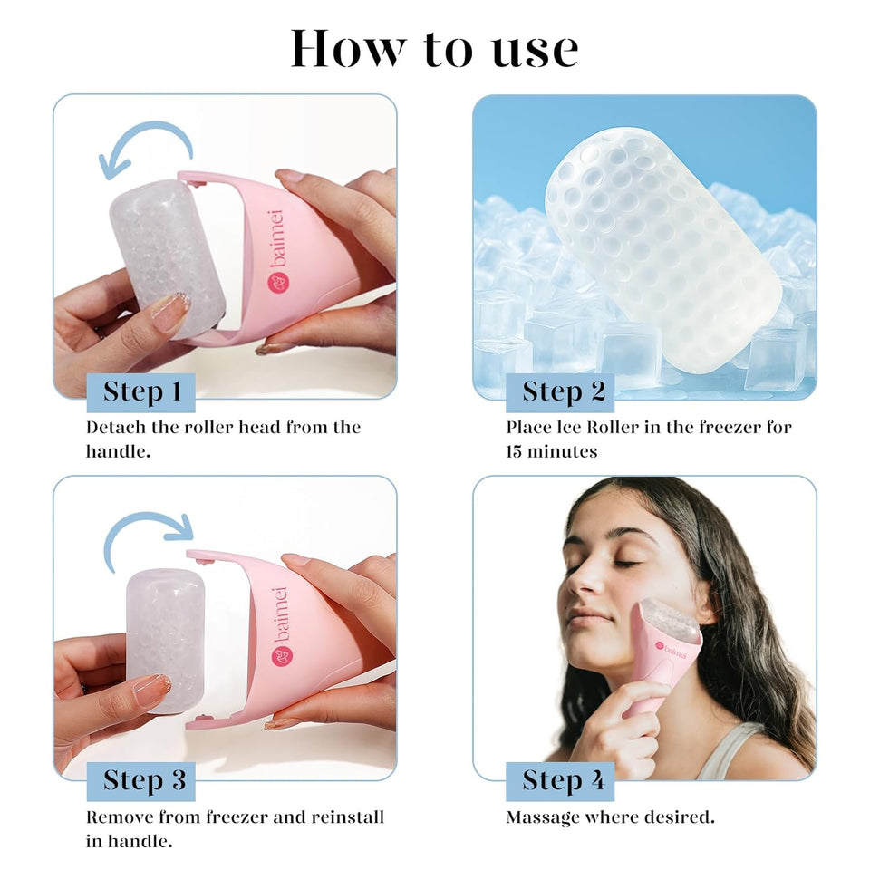 BAIMEI IcyMe Ice Roller for Face and Gua Sha Facial Tool Set, Ice Face Roller Reduces PLffiness Relieves Migraines Skin Care Tools, Self Care for Women - Pink