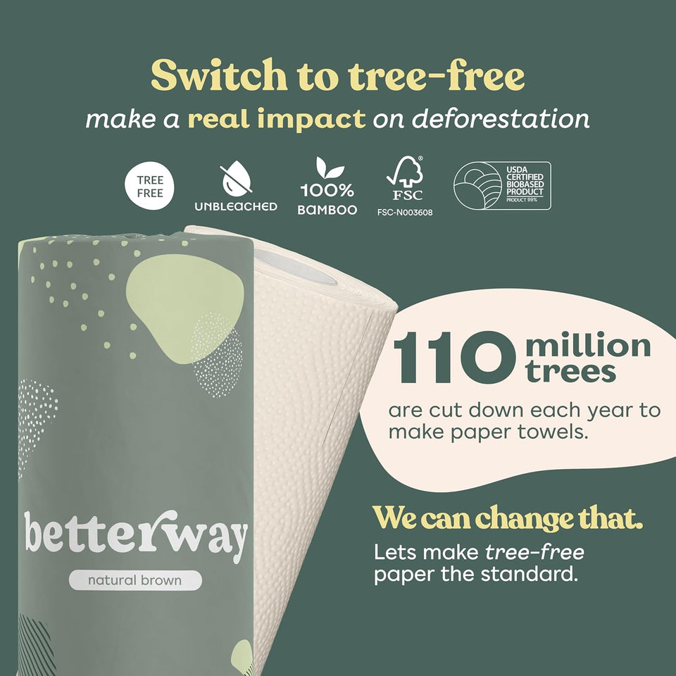 Betterway Bamboo Natural Brown Paper Towels - 8 Rolls, 2 Ply, 110 sheets - Plastic Free, PFAS Free, Disposable Kitchen Paper Towels - Select Size, Tree Free, Compostable, Strong & Absorbent - PureLivingMart