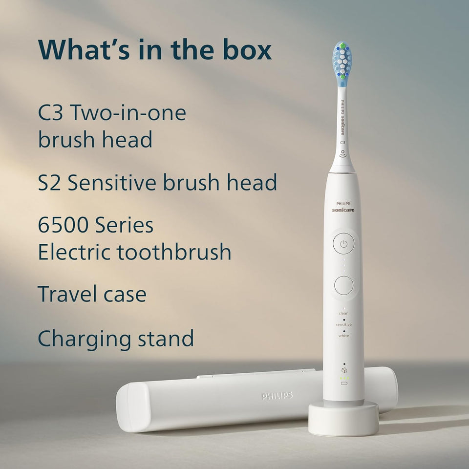 Philips Sonicare 6500 Series Electric Toothbrush - Next-Generation Sonicare Technology, Pressure Sensor, 9 Brushing Settings, SmarTimer, BrushPacer, 21-Day Runtime, Travel Case, White, HX7410/10