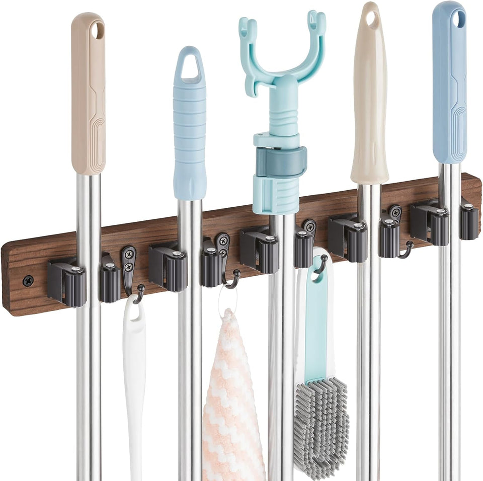 Mop and Broom Holder Wall Mount - Rustic Wood Broom Mop Hanger - Wall Mounted Garden Tool Rack Organizer for Closet Garage Laundry Room Kitchen Decor With 4 Slots & 4 Hooks - PureLivingMart