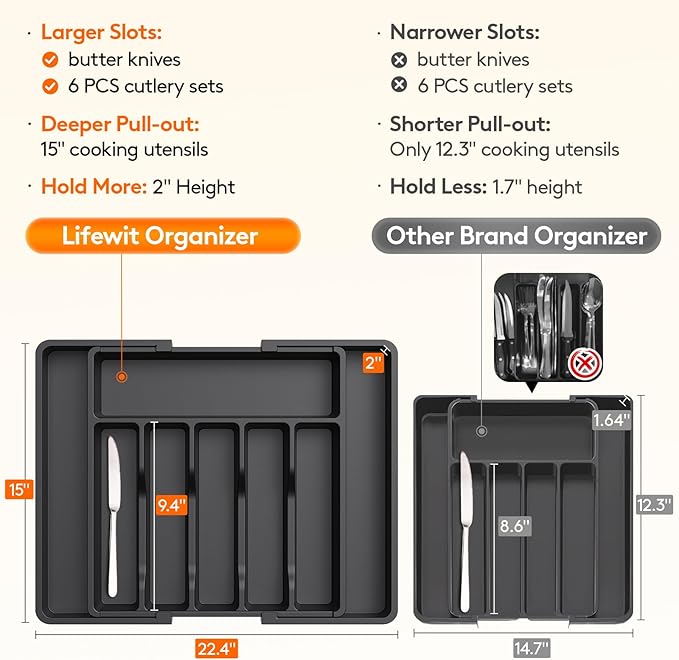 Lifewit Large Silverware Drawer Organizer, Expandable Utensil Tray for Kitchen, BPA Free Flatware and Cutlery Holder, Adjustable Plastic Storage for Spoons Forks Knives, Large, Black