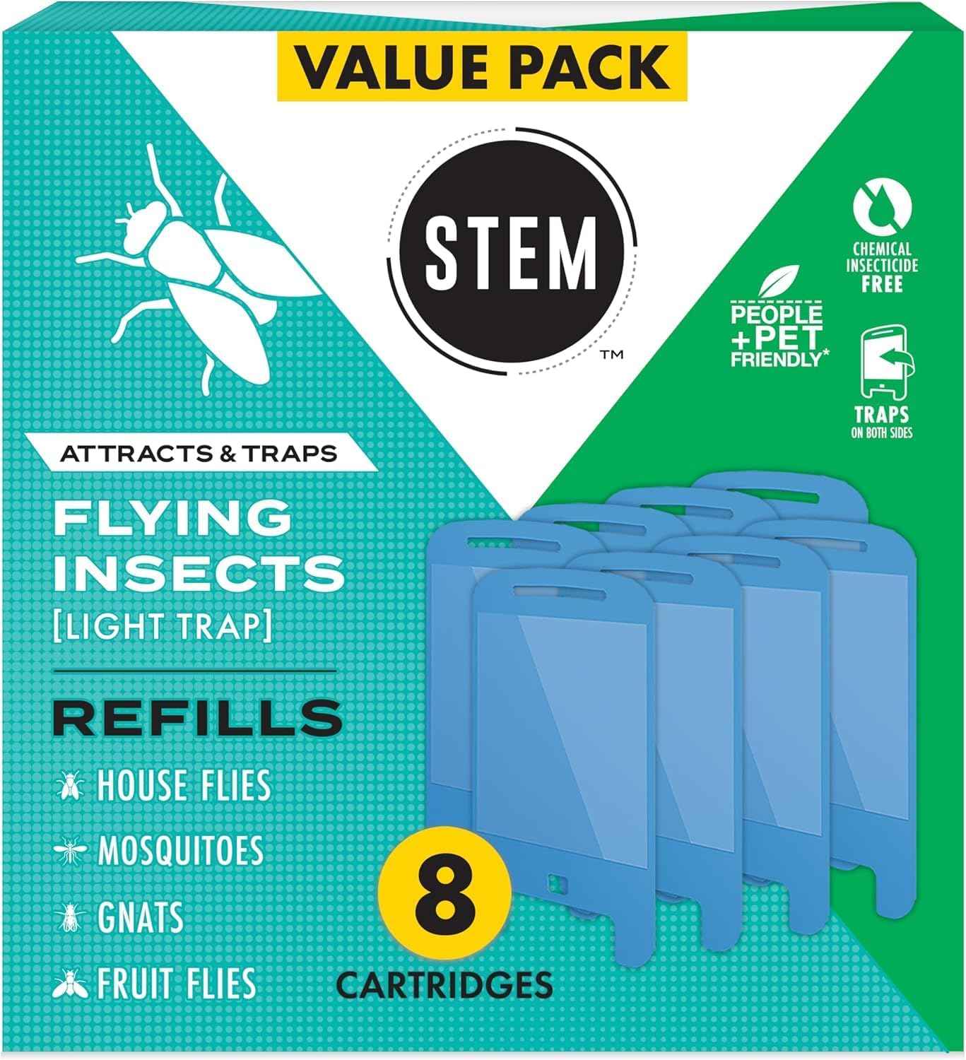 STEM Insect Trap - Indoor Fruit Fly & Gnat Pest Control for House, Home and Kitchen, Attracts & Traps Flying Bugs, Soft Blue Light - Includes 1 Plug-in Device & 3 Cartridges