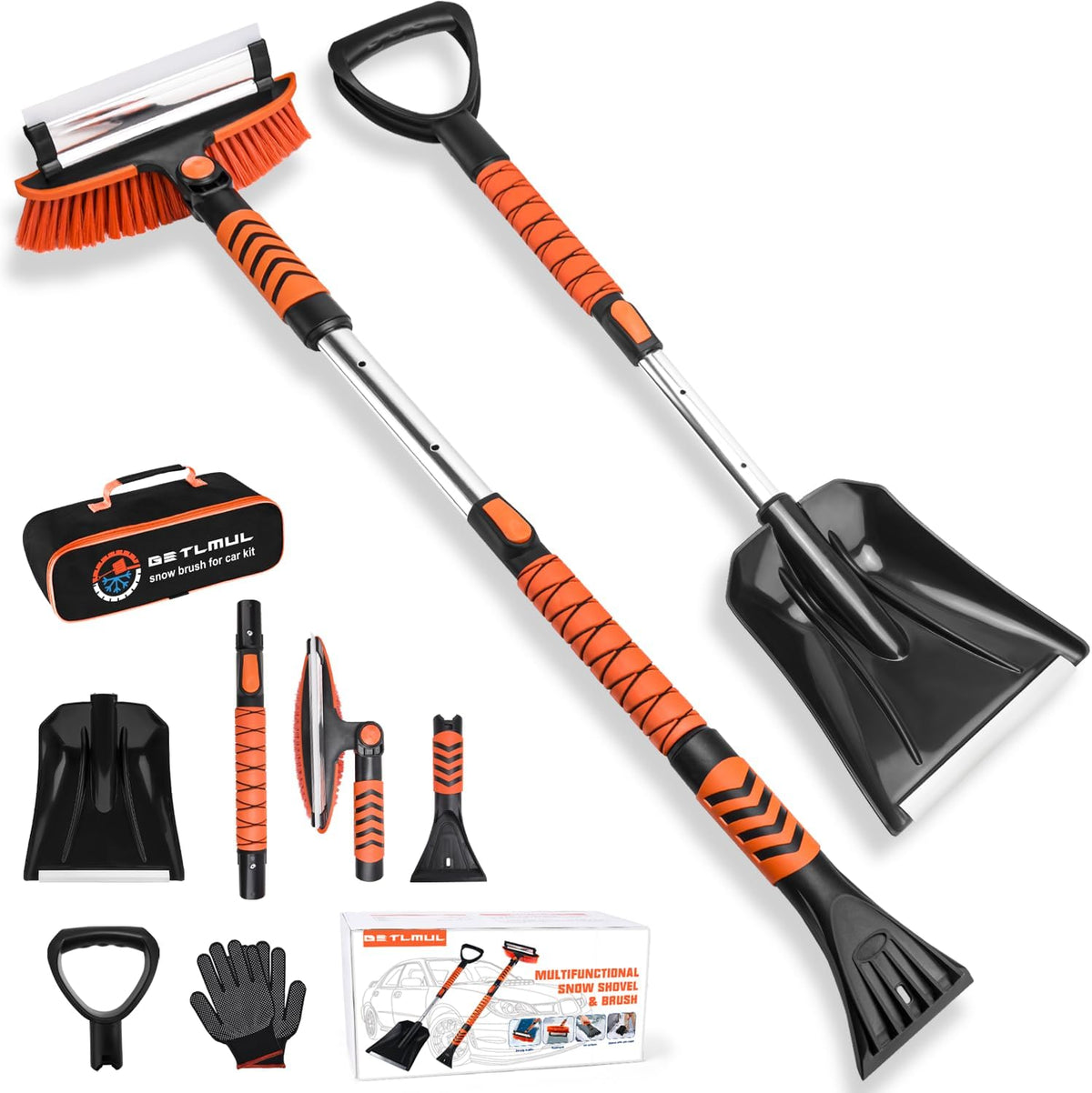 Car Snow Brush Snow Shovel Kit, 42'' Extendable Ice Scrapers and Snow Brushes for Car Windshield with Foam Grip 180° Pivoting Brush Head Snow Scraper, 39'' Extendable Emergency Snow Shovel for Car