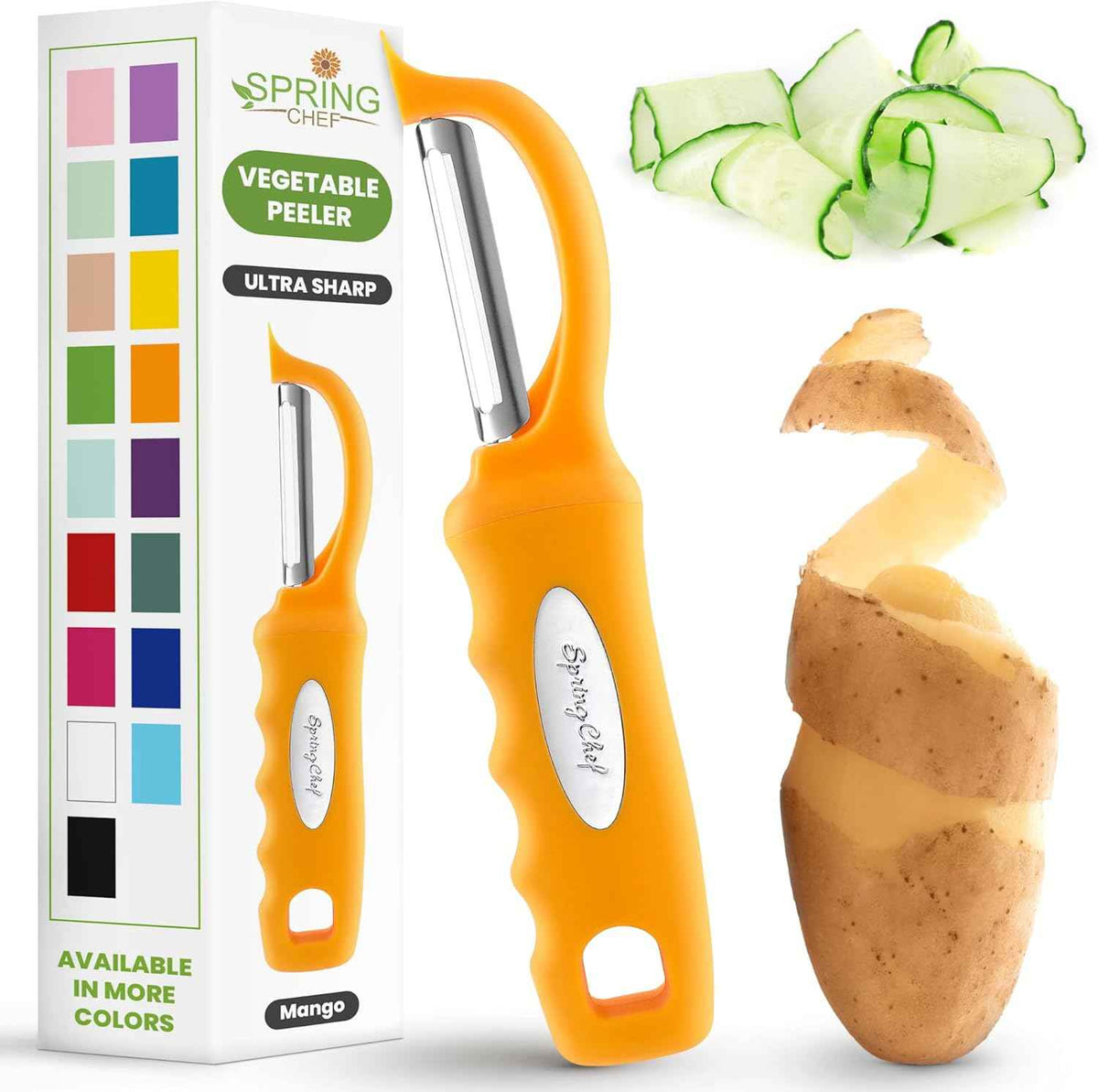 Spring Chef Premium Swivel Vegetable Peeler, Soft Grip Handle and Ultra Sharp Stainless Steel Blades - Perfect Kitchen Peeler For Veggie, Fruit, Potato, Carrot, Apple - Black