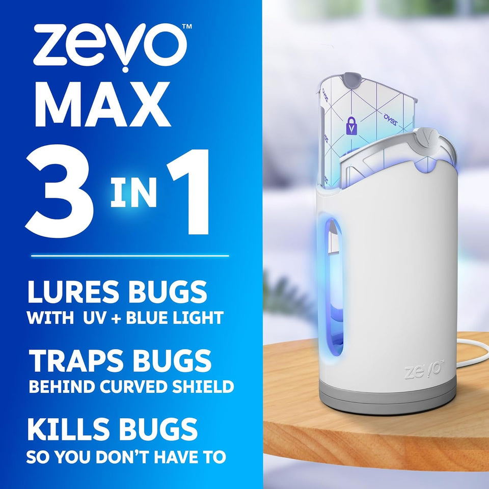 Zevo MAX Bug Catcher & Fly Trap for Indoors - Flying Insect Trap for Gnats, House & Fruit Flies - Use in Any Room - No-Mess Disposal (1 Plug in Base & 2 Cartridges)