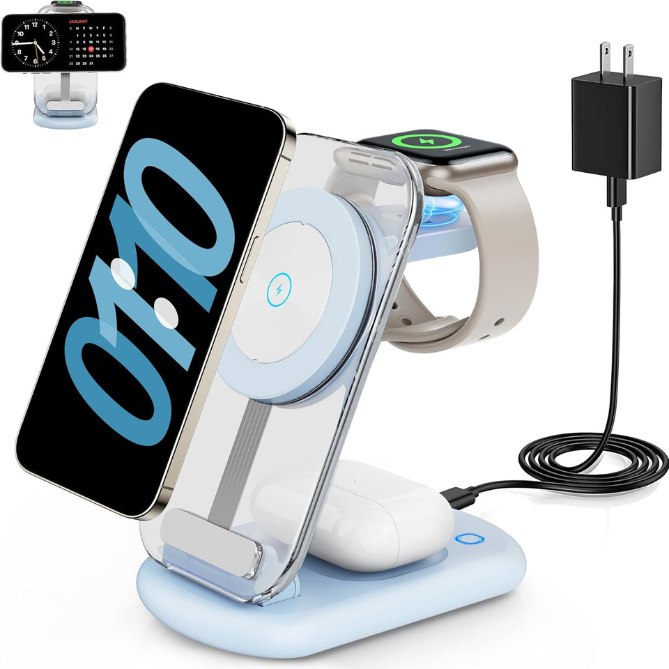 2025 Traveling Wireless Mag-Safe Fast Charging Station,Magnetic 3 in 1 Charger with Light for iPhone 17 16 15 14 13 12 Pro Max Plus,Apple Watch& Air pods 4 3 2 Pro-Gifts for Wife & Husband(White) - PureLivingMart