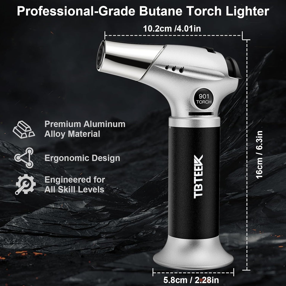 TBTEEK Butane Torch, Kitchen Torch Cooking Torch with Safety Lock & Adjustable Flame for Cooking, BBQ, Baking, Brulee, Creme, DIY Soldering(Butane Not Included)