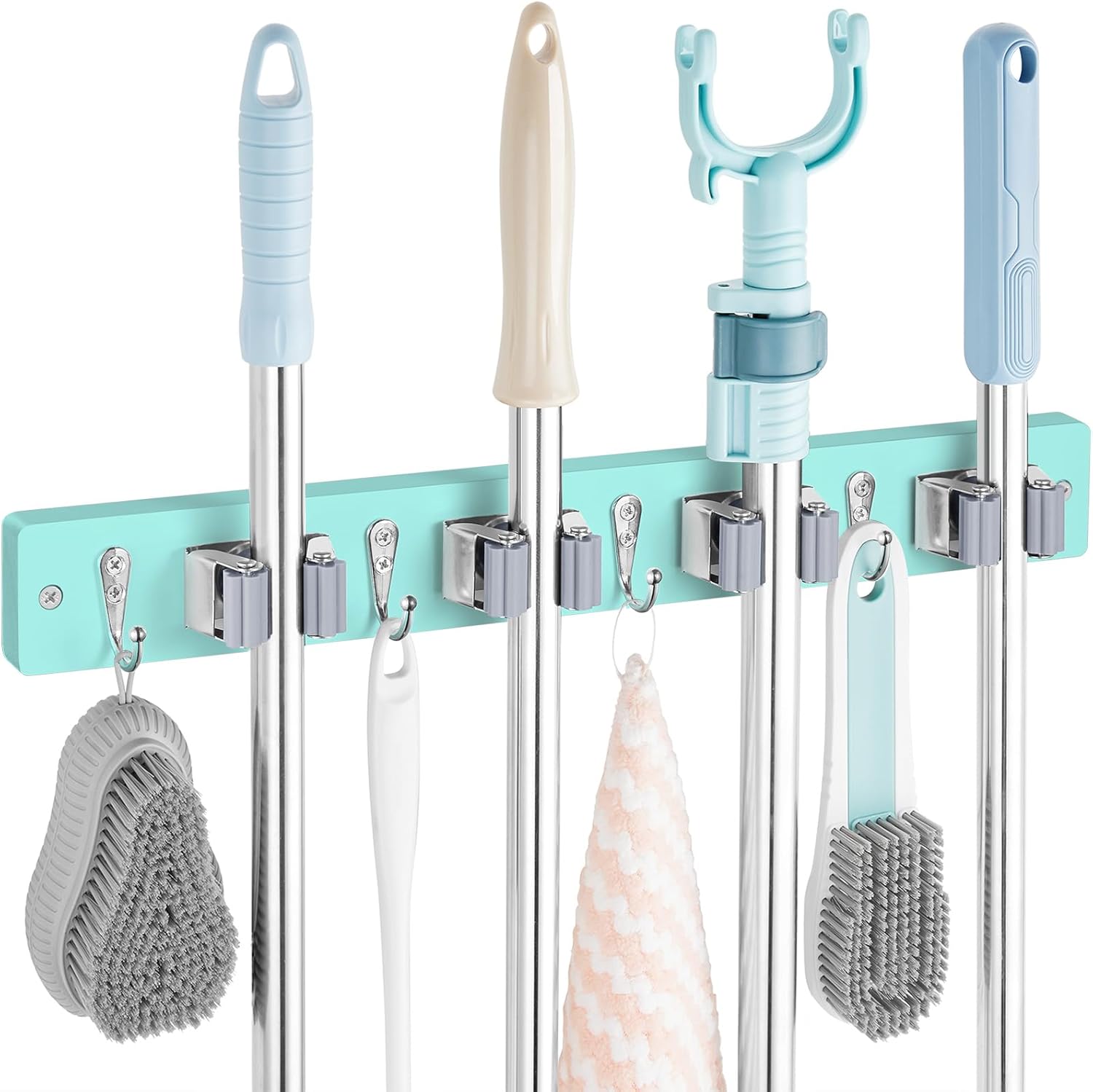 Mop and Broom Holder Wall Mount - Rustic Wood Broom Mop Hanger - Wall Mounted Garden Tool Rack Organizer for Closet Garage Laundry Room Kitchen Decor With 4 Slots & 4 Hooks - Rayz Mart