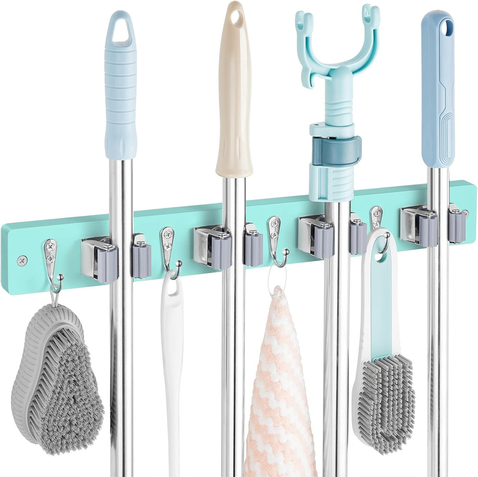 Mop and Broom Holder Wall Mount - Rustic Wood Broom Mop Hanger - Wall Mounted Garden Tool Rack Organizer for Closet Garage Laundry Room Kitchen Decor With 4 Slots & 4 Hooks - PureLivingMart