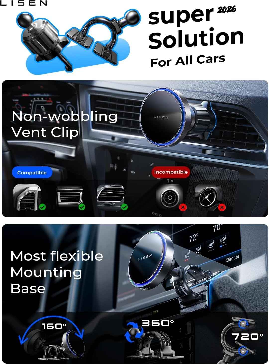 15w magsafe car mount charger for iphone 17-12, samsung, pixel - magnetic wireless cars charger