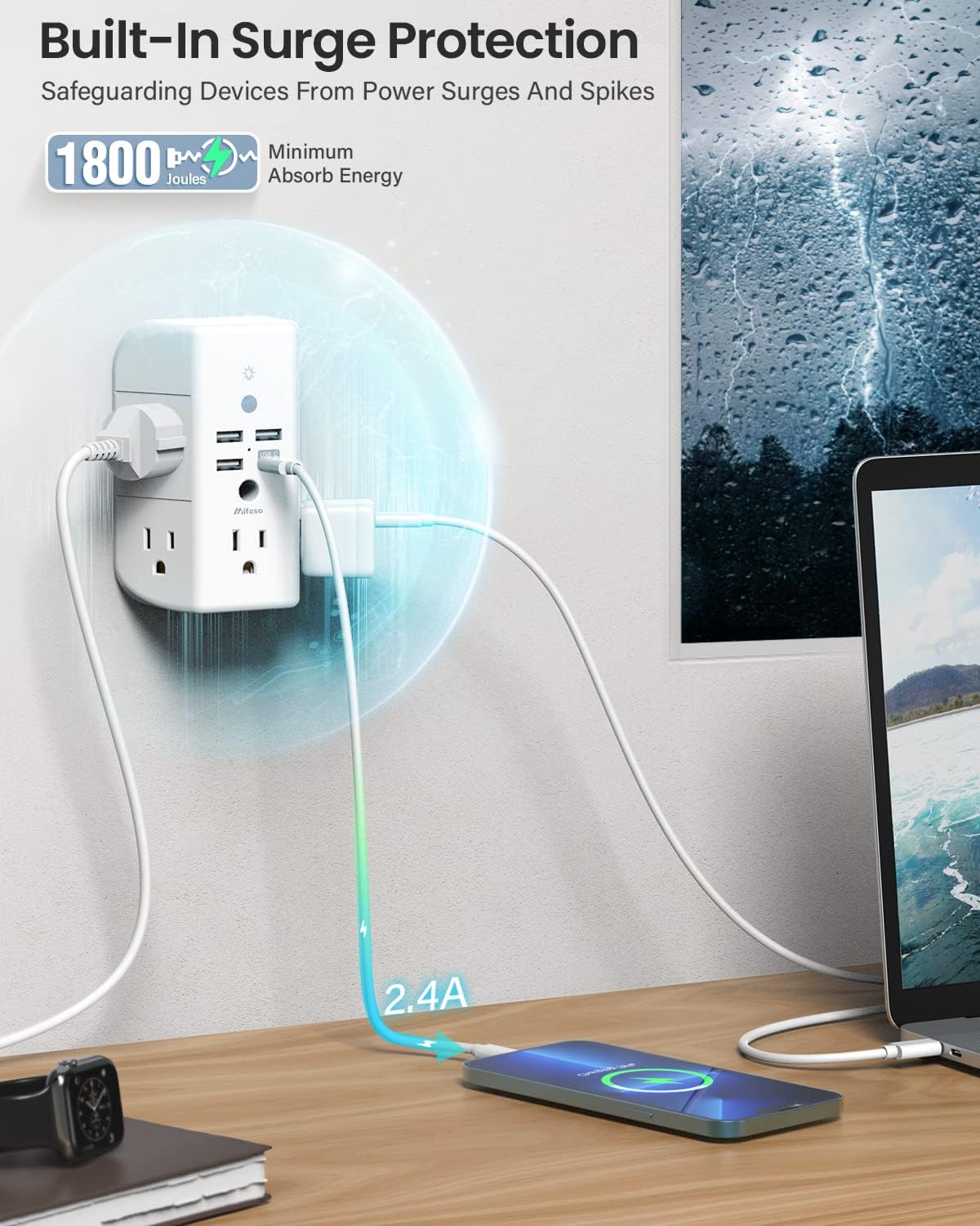 Mifaso 3-Sided Multi Plug Power Strip, Wall Extender with Shelf, Night Light & Surge Protector, USB Wall Charger with 5 AC Wide Space Outlets and 3 USB & 1 C Port, White