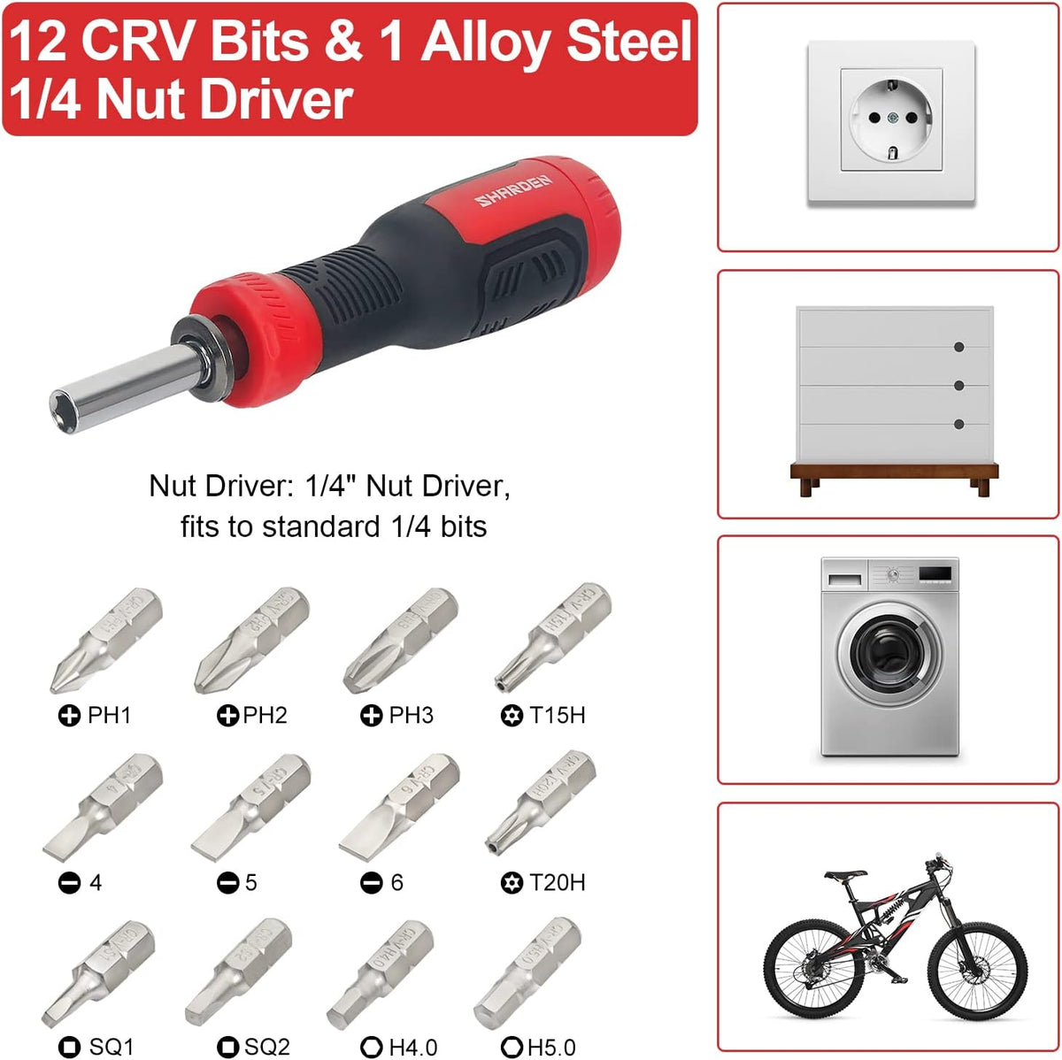 SHARDEN Multi Screwdriver 13-in-1 Screw Driver Adjustable Screwdriver Set Multitool All in One with Torx Security, Flat Head, Phillips, Hex, Square and 1/4 Nut Driver