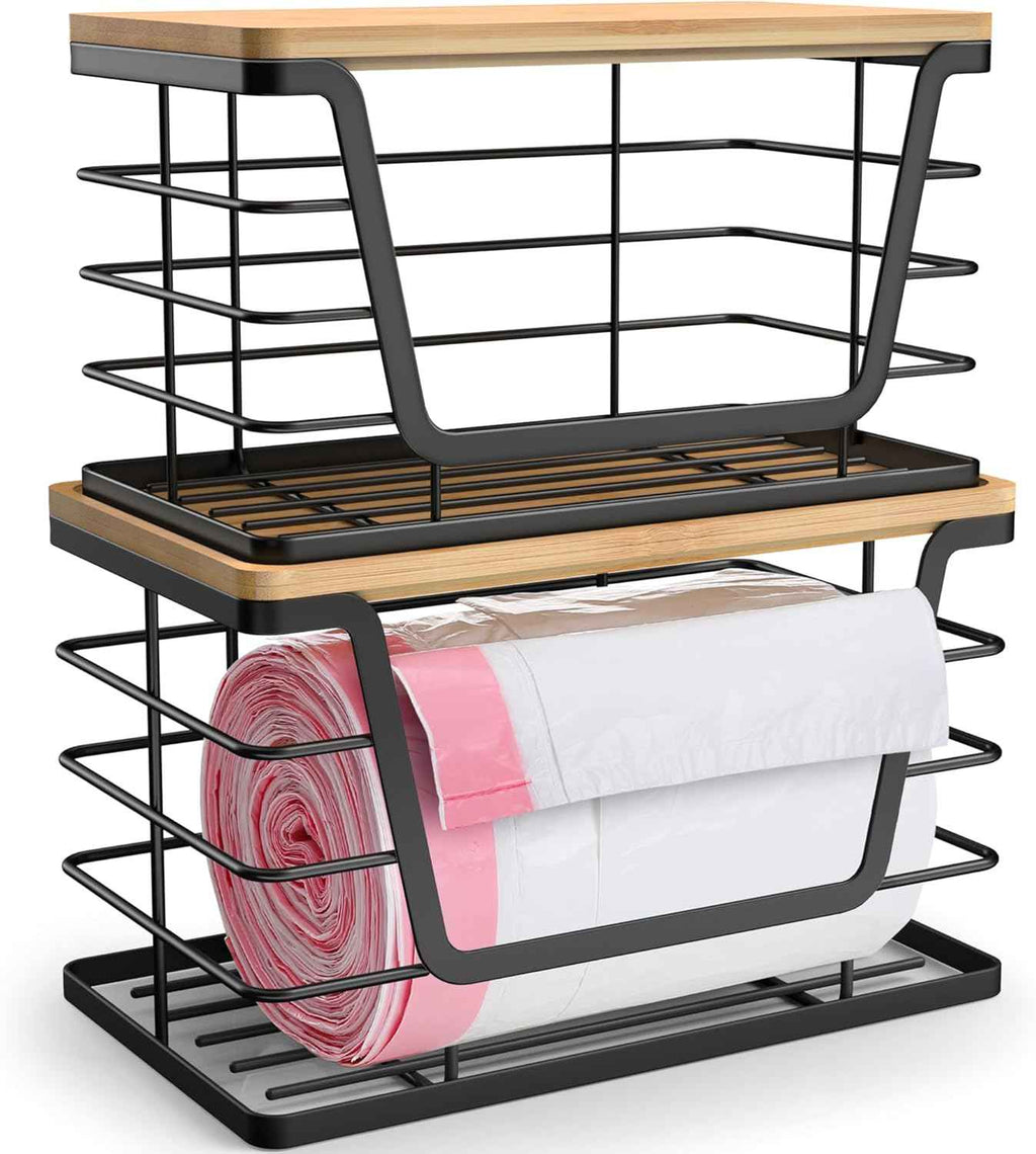 Bamboo Storage Organizers by ALOCEO 2 Pack Stackable Kitchen Laundry with Trash Bag Holder and Small Garbage Bag Dispenser