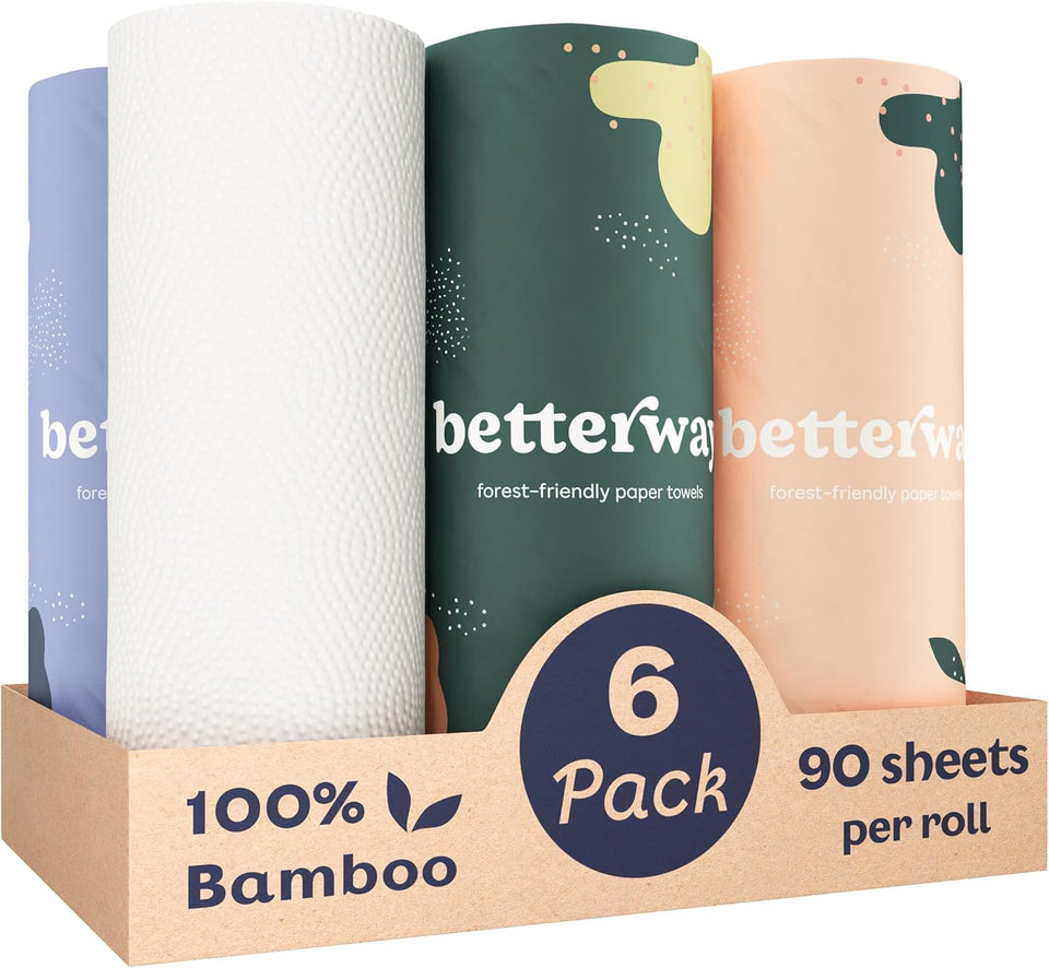 Betterway Bamboo Natural Brown Paper Towels - 8 Rolls, 2 Ply, 110 sheets - Plastic Free, PFAS Free, Disposable Kitchen Paper Towels - Select Size, Tree Free, Compostable, Strong & Absorbent - PureLivingMart