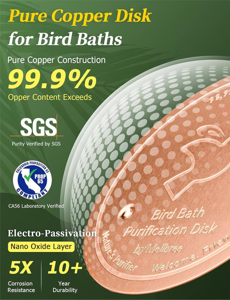 Mellbree Bird Bath Copper Disk, 0.6mm Reinforced 99.99% PLre Copper Cleaning Disk for Physical Safe Clean Water All-Season, Universal Fit for Outdoor Birdbaths, Bowl, Bird Bath Solar