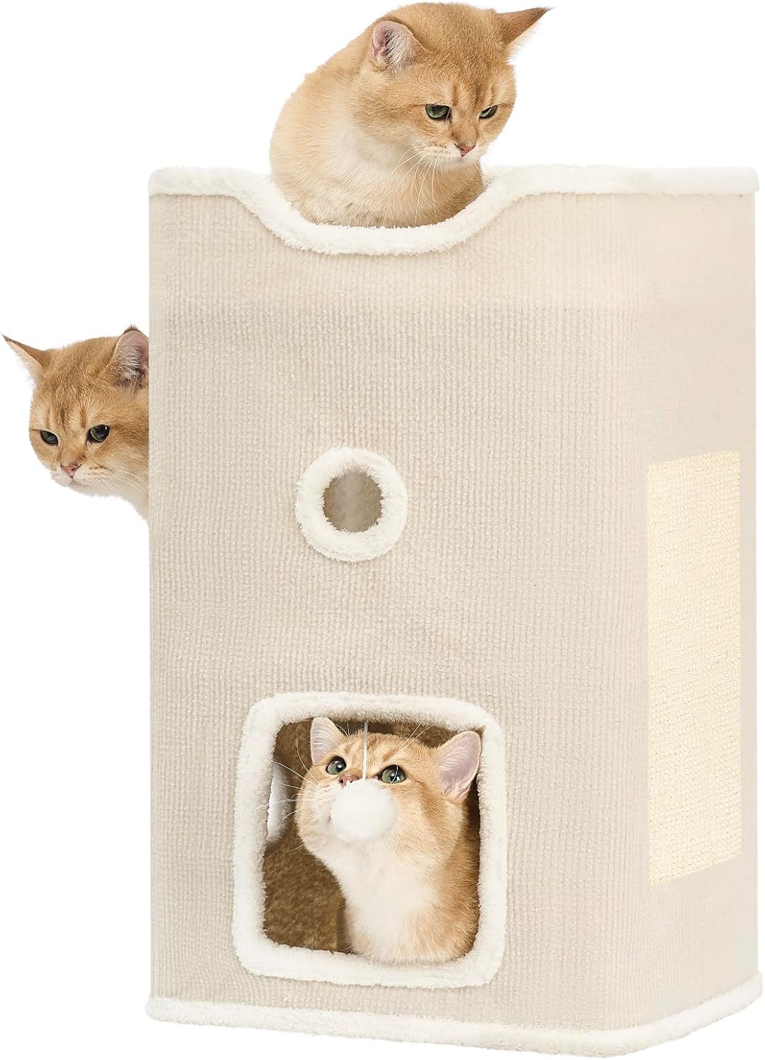 Cat House, 2-Story Cat Condo Cube with Scratch Pad, Fluffy Ball, and Multi-Level Hideout for Multiple Cats