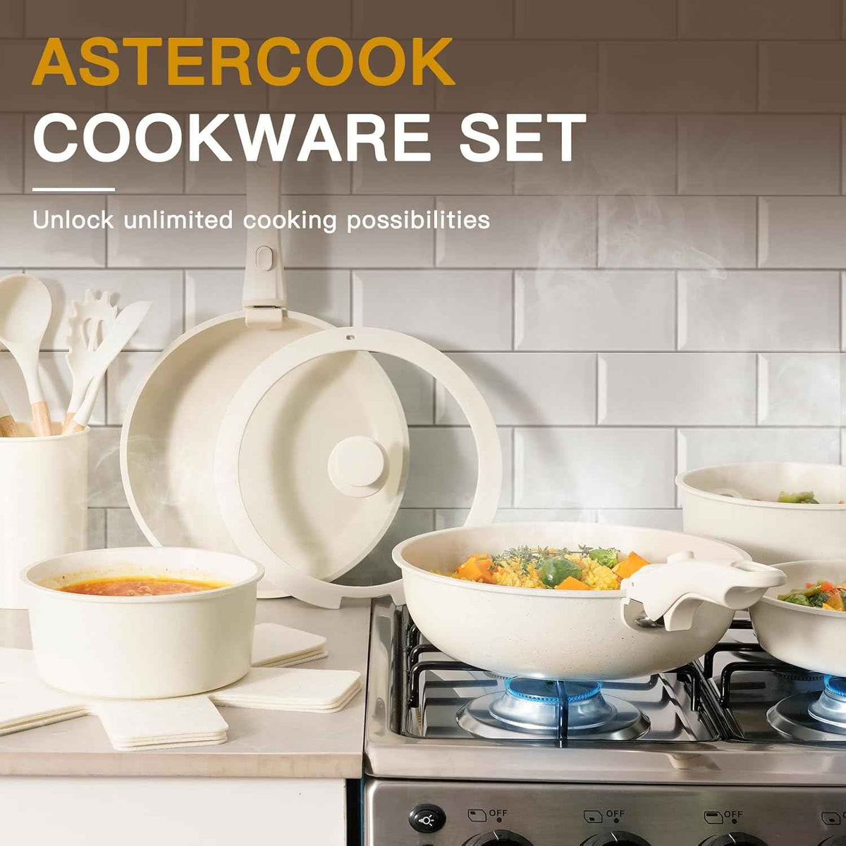 Astercook 21 Pcs Ceramic Non-stick Cookware Set, Detachable Handles, Oven Safe, Induction Ready, Stackable, Cream White