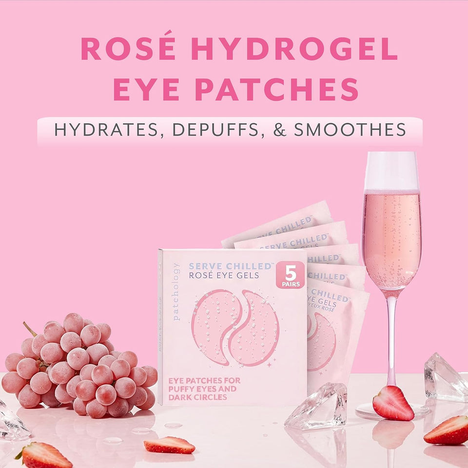 Patchology Serve Chilled Rosé Hydrating Under Eye Patches – Hyaluronic Acid & Antioxidant-Infused Eye Masks to Reduce Dark Circles, PLffiness & Fine Lines - Ideal Skincare Essentials (5 Pairs)