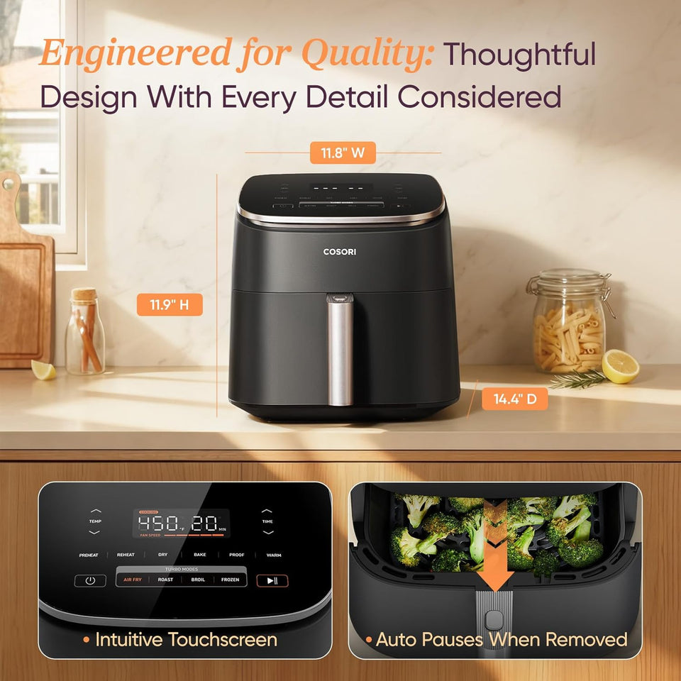 Cosori 9-in-1 TurboBlaze Air Fryer 6 Qt, PFAS-Free Ceramic Coating, 90°–450°F, Precise Heating for Even Results, Air Fry, Roast, Bake, Broil, Dry, Frozen, Proof, Reheat, Keep Warm, 120V, Dark Gray