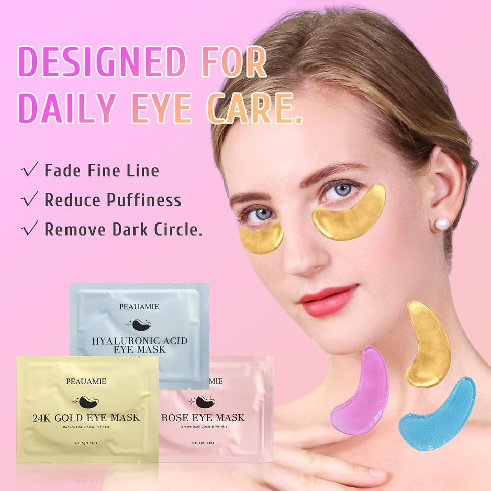 PEAUAMIE Under Eye Patches Gold and Hyaluronic Acid for PLffy eyes,Rose Eye Masks for Dark Circles and PLffiness skin care Smooth Wrinkles products 30 Pairs