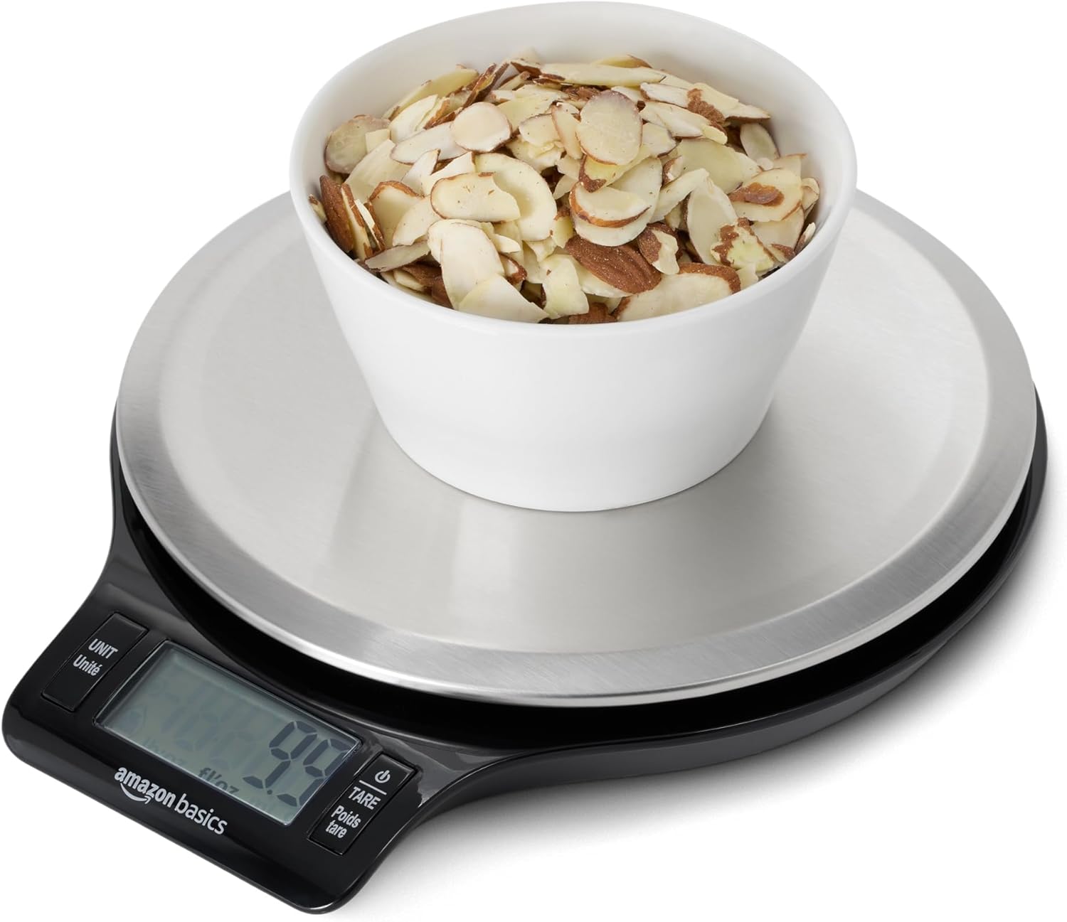 Amazon Basics Digital Kitchen Scale with LCD Display, Tare Function, Multiple Units, Weighs up to 11 Pounds, Batteries Included, Black and Stainless Steel