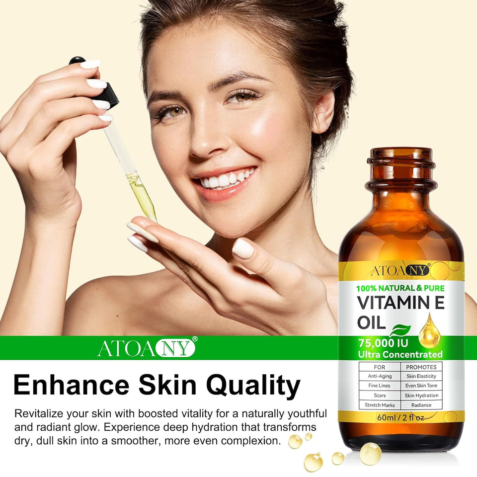 flasture Vitamin E Oil 75,000 IU – 100% PLre Natural Vitamin E for Skin, Face, Hair, Scars – Deep Moisturizing Body Oil for Dry Skin, Wrinkles – Cold-Pressed, Non-GMO,Skincare – 2 Fl Oz