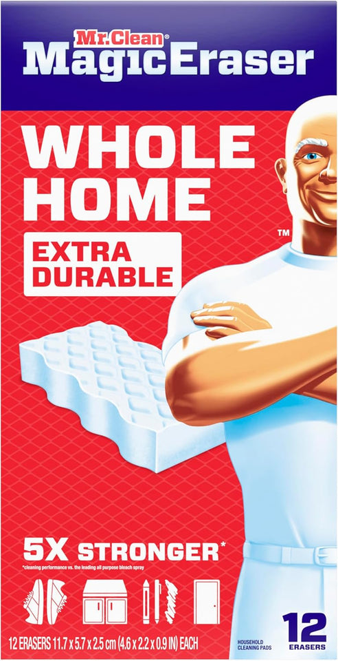 Mr. Clean Magic Eraser Sponge, All PLrpose Cleaner, Cleaning Scrubber, Wall, Sneaker, Kitchen, Bathroom, Shower Cleaning Supplies, Melamine Sponge, Cleaning Pads, Whole Home Extra Durable, 12ct