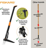 Fiskars Stand-Up Weed PLller Tool, 4 Serrated Stainless Steel Claws Grip Roots for Permanent Removal, Reinforced Foot Platform Penetrates Tough Soil, Easy-Eject & Ergonomic Offset Handle, 39"