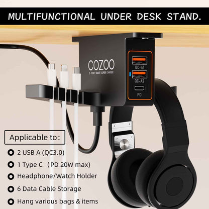 cozoo Headphone Stand with USB Charger Under Desk Headset Holder Mount 3 USB Charging Station,iWatch Stand Watch Dock Dual Earphone Hanger Hook,PC Accessories Gifts,UL Tested