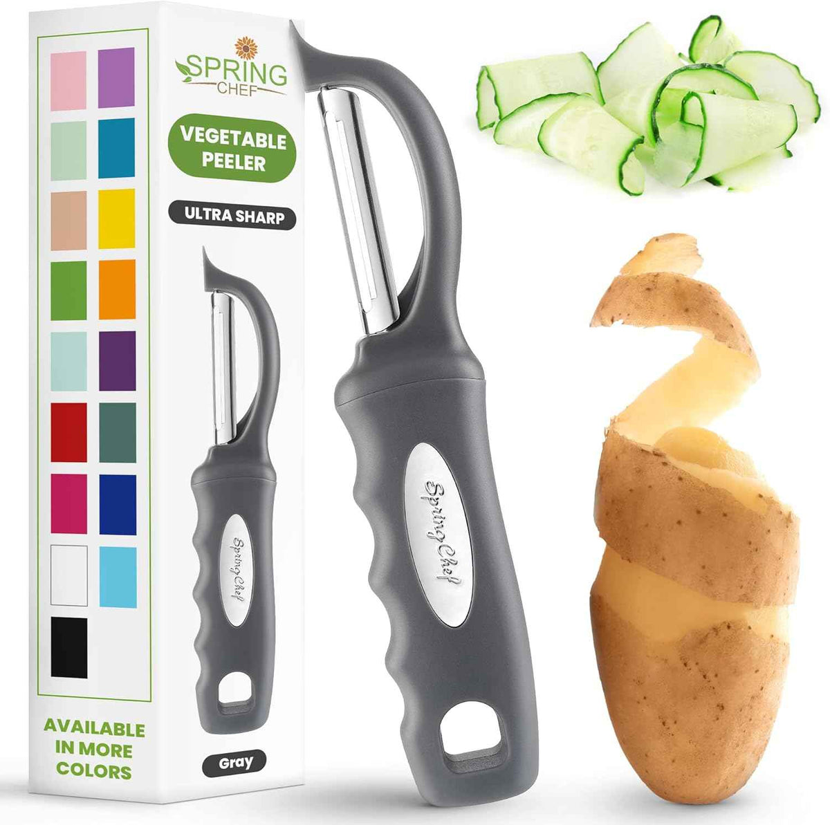 Spring Chef Premium Swivel Vegetable Peeler, Soft Grip Handle and Ultra Sharp Stainless Steel Blades - Perfect Kitchen Peeler For Veggie, Fruit, Potato, Carrot, Apple - Black
