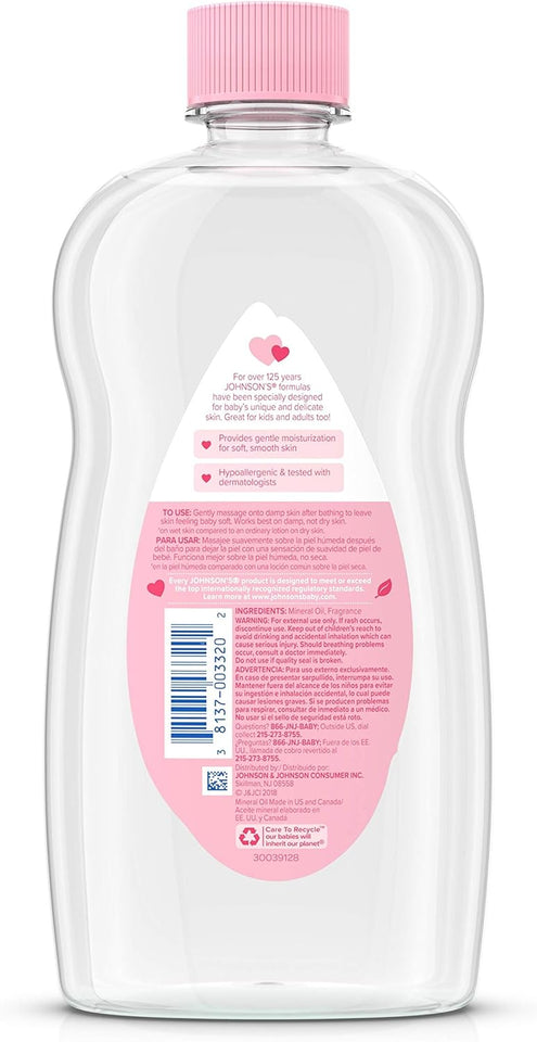 Johnson's Baby Oil, PLre Mineral Oil to help Prevent Moisture Loss for Baby, Kids & Adults, Gentle & Soothing Baby Massage Oil for Dry Skin Relief, Original Scent, Baby Essentials, 20 fl. oz
