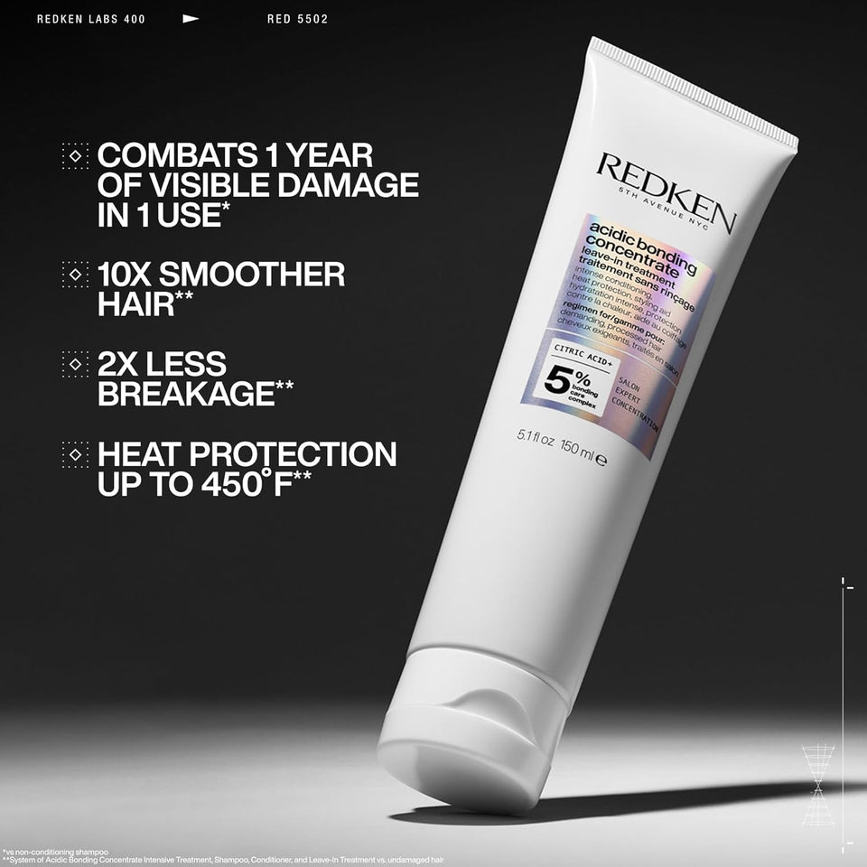 Redken Acidic Bonding Concentrate Leave In Conditioner - For Weak & Damaged Hair, Bond Building & Strengthening Hair Repair Treatment, Smooths & Provides Heat Protection