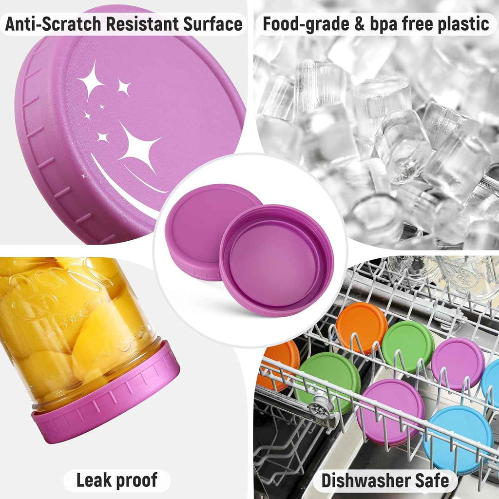AOZITA 10 pack wide mouth and regular mouth food grade plastic mason jar lids - leakproof and dishwasher safe multicolor