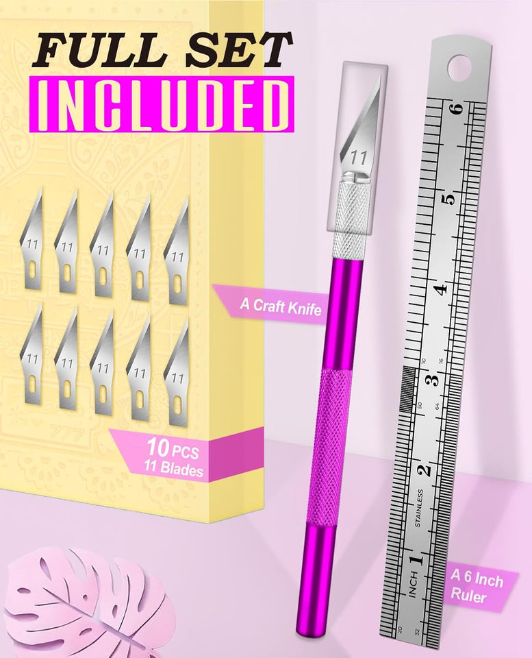 DIYSELF Craft Knife with 10 Extra #11 Blades, Precision Hobby Knife Set with Steel Ruler, Exacto Knife for Crafting, Polymer Clay, Pottery, Paper, Vinyl, Stencil & Model Making (PLrple)