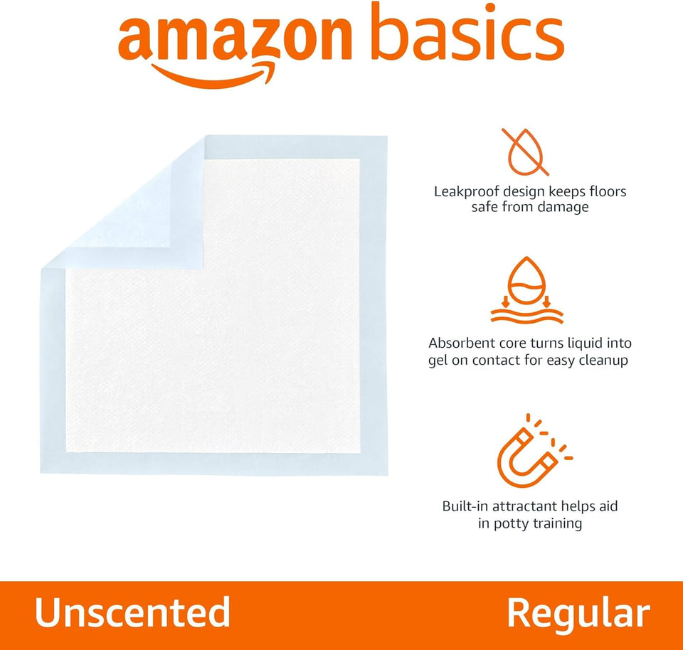 Amazon Basics Leak-Proof Dog and PLppy Potty Training Pee Pads with Quick-Dry 5-Layer Super Absorbent Design, Regular Size 22 x 22 inch, Blue & White, 100 Count