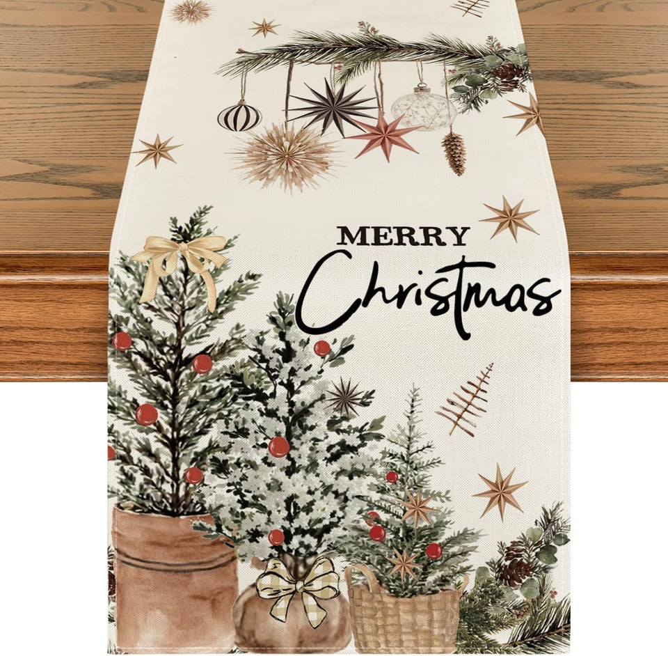 Artoid Mode Xmas Trees Holly Pine Cone Merry Christmas Table Runner, Seasonal Winter Kitchen Dining Table Decoration for Home Party Decor 13x72 Inch