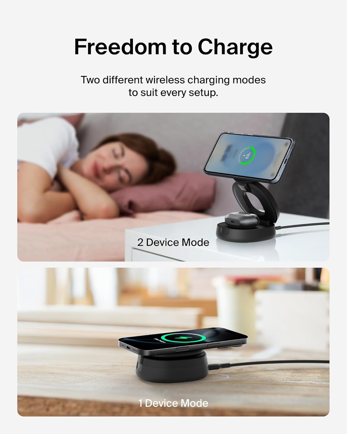 Belkin MagSafe Charger Compatible, 2-in-1 Qi2 Wireless Charging Station 15W, Convertible Charger for iPhone 17, Apple Watch, AirPods, Pixel 10, Portable Phone Stand for Travel w/ 30W Adapter - Black