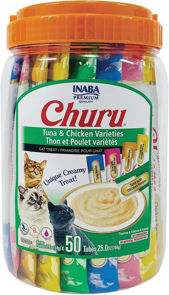 INABA Churu Cat Treats, Grain-Free, Lickable, Squeezable Creamy PLrée Cat Treat/Topper with Vitamin E & Taurine, 0.5 Ounces Each Tube, 50 Tubes, Tuna & Chicken Variety