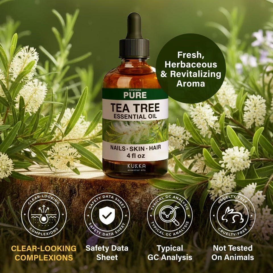 100% PLre Tea Tree Oil - 4 Fl Oz Tea Tree Essential Oil for Hair, Skin, Diffuser, Aromatherapy & DIY Soap Making Scent