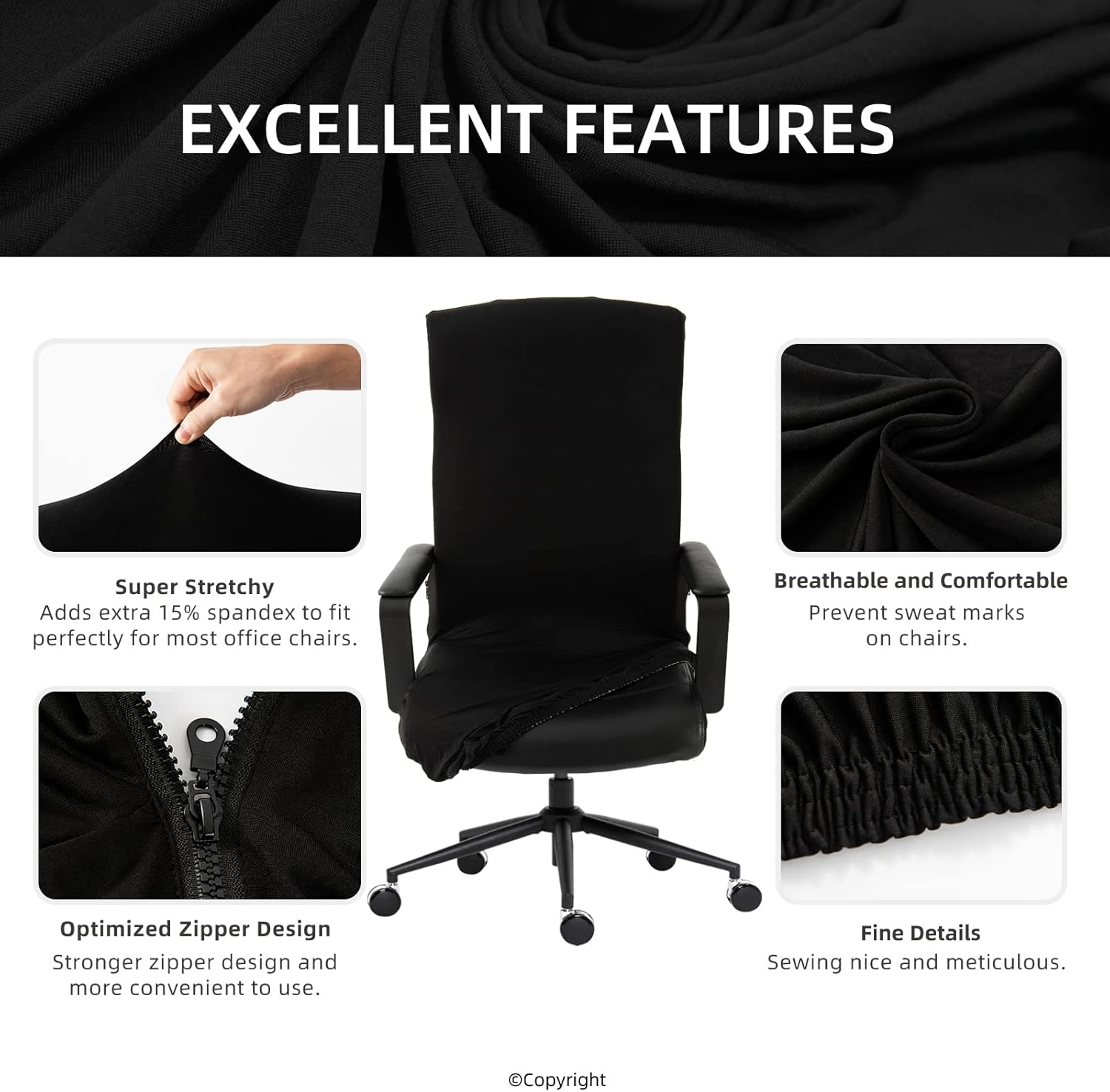 Water Resistant Stretch Computer Office Chair Cover with Durable Zipper Universal Washable Removable Spandex Rotating Boss Chair Slipcovers Anti-dust Soft Desk Chair Seat Protector for Dogs Cats Pets