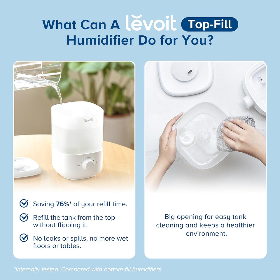 LEVOIT Top Fill Humidifiers for Bedroom, 2.5L Tank for Large Room, Easy to Fill & Clean, 28dB Quiet Cool Mist Air Humidifier for Home Baby Nursery & Plants, Auto Shut-off for Safety, 25H
