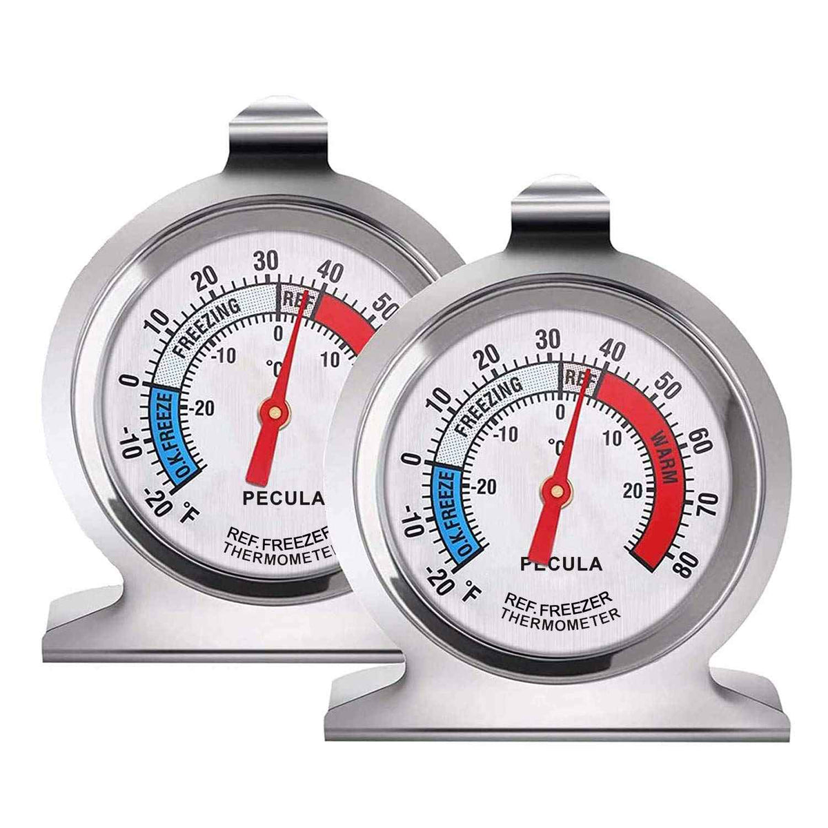 2-pack classic refrigerator thermometer with 30-30°C/20-80°F temperature range, stainless steel, and mechanical design