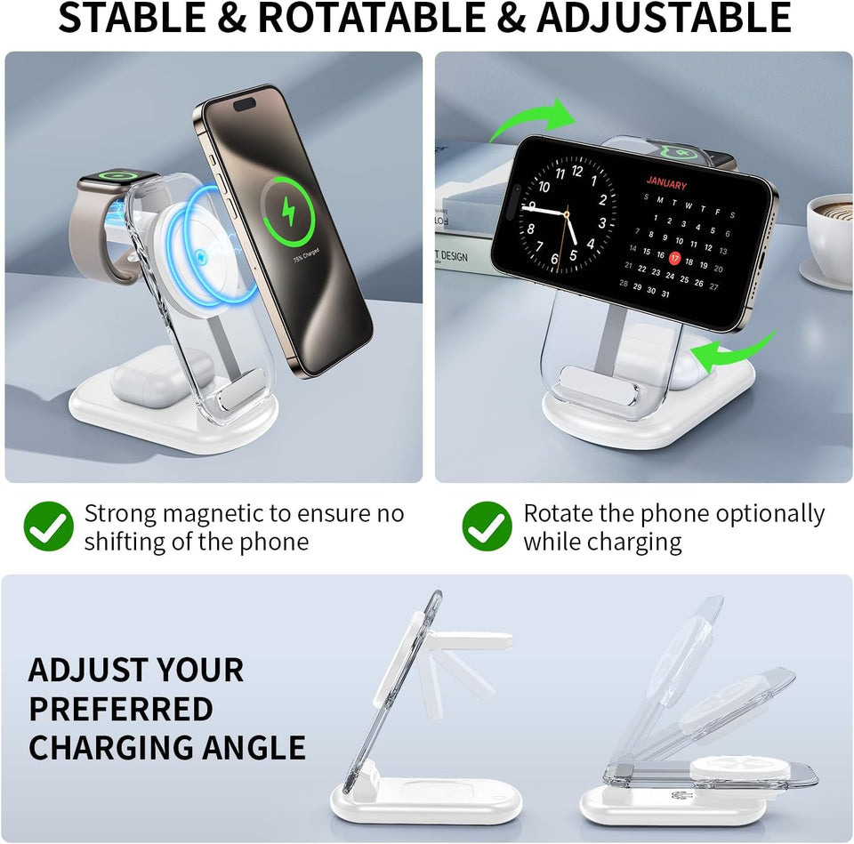 2025 Traveling Wireless Mag-Safe Fast Charging Station,Magnetic 3 in 1 Charger with Light for iPhone 17 16 15 14 13 12 Pro Max Plus,Apple Watch& Air pods 4 3 2 Pro-Gifts for Wife & Husband(White) - PureLivingMart