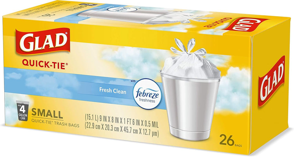 Glad Small Trash Bags 4 Gallon, Febreze Fresh Clean Garbage Bags, Odor Resistant with Quick Tie, 26 Count - PureLivingMart