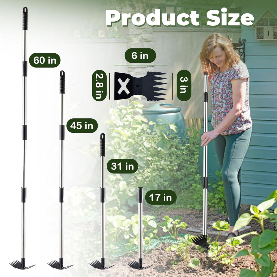 NICOFPHY Weed PLller Tool with Long Handle - 60" Manual Weeder Remover Tool, 2 in 1 Hand Weed Rake and Garden Hoe for Gardening, Heavy Duty Uprooting Weeding PLll for Yard, Lawn, Patio and Garden