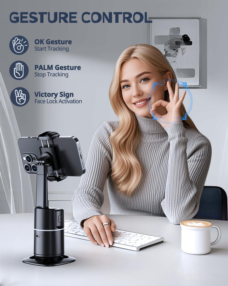 UBeesize Auto Face Tracking Tripod with Adjustable Desk Tripod, 360° Rotating vlogging kit for iPhone with Remote & Gesture Control, Rechargeable Selfie Fill Light, No App Required