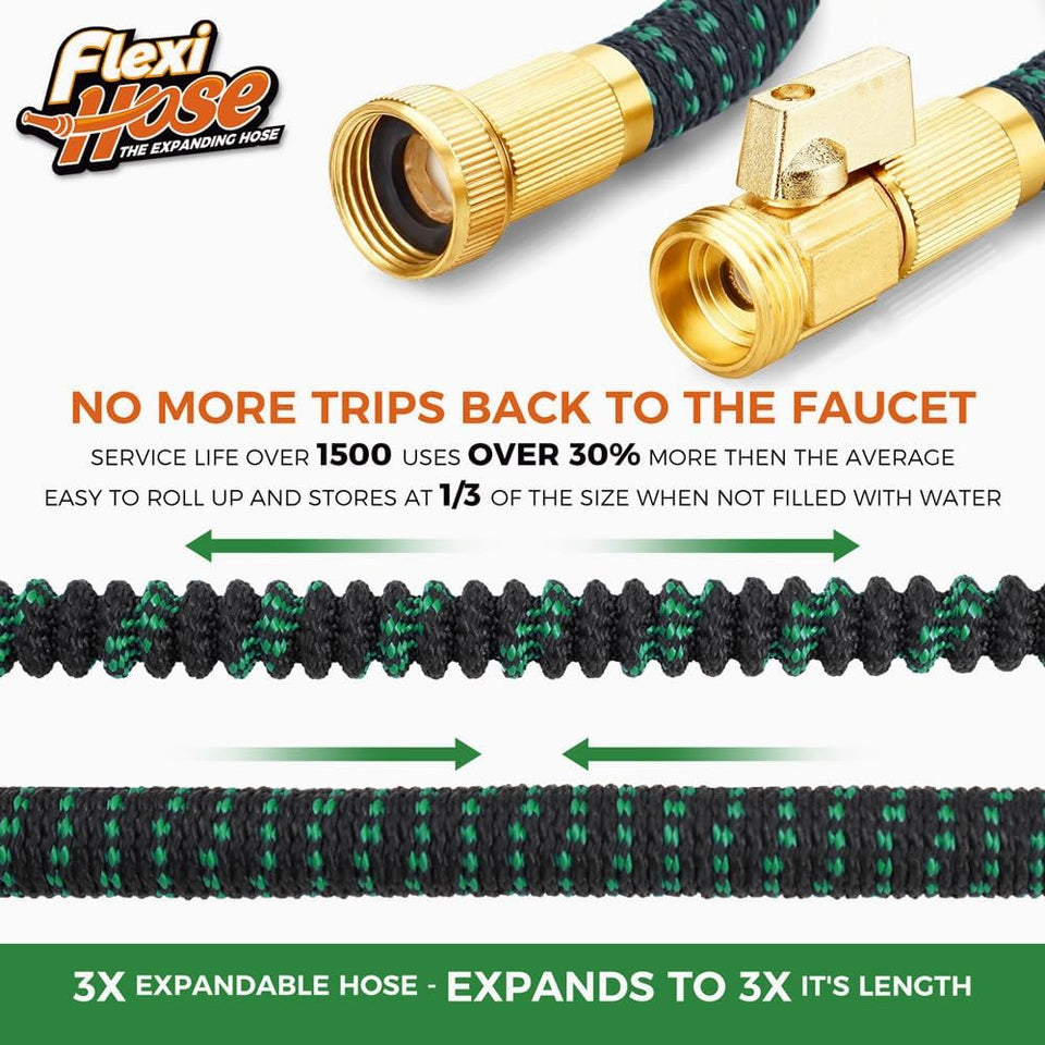 Flexi Hose with 8 Function Nozzle, 50FT - Lightweight Expandable Garden Hose, No-Kink Flexibility, 3/4 Inch Solid Brass Fittings and Double Latex Core - Black and Green