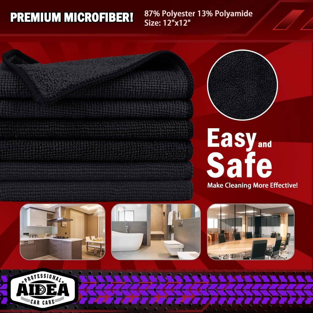 AIDEA Microfiber Cleaning Cloth 10PK, Black, 12x12, Microfiber Towels for Cars, Houses, and Kitchens