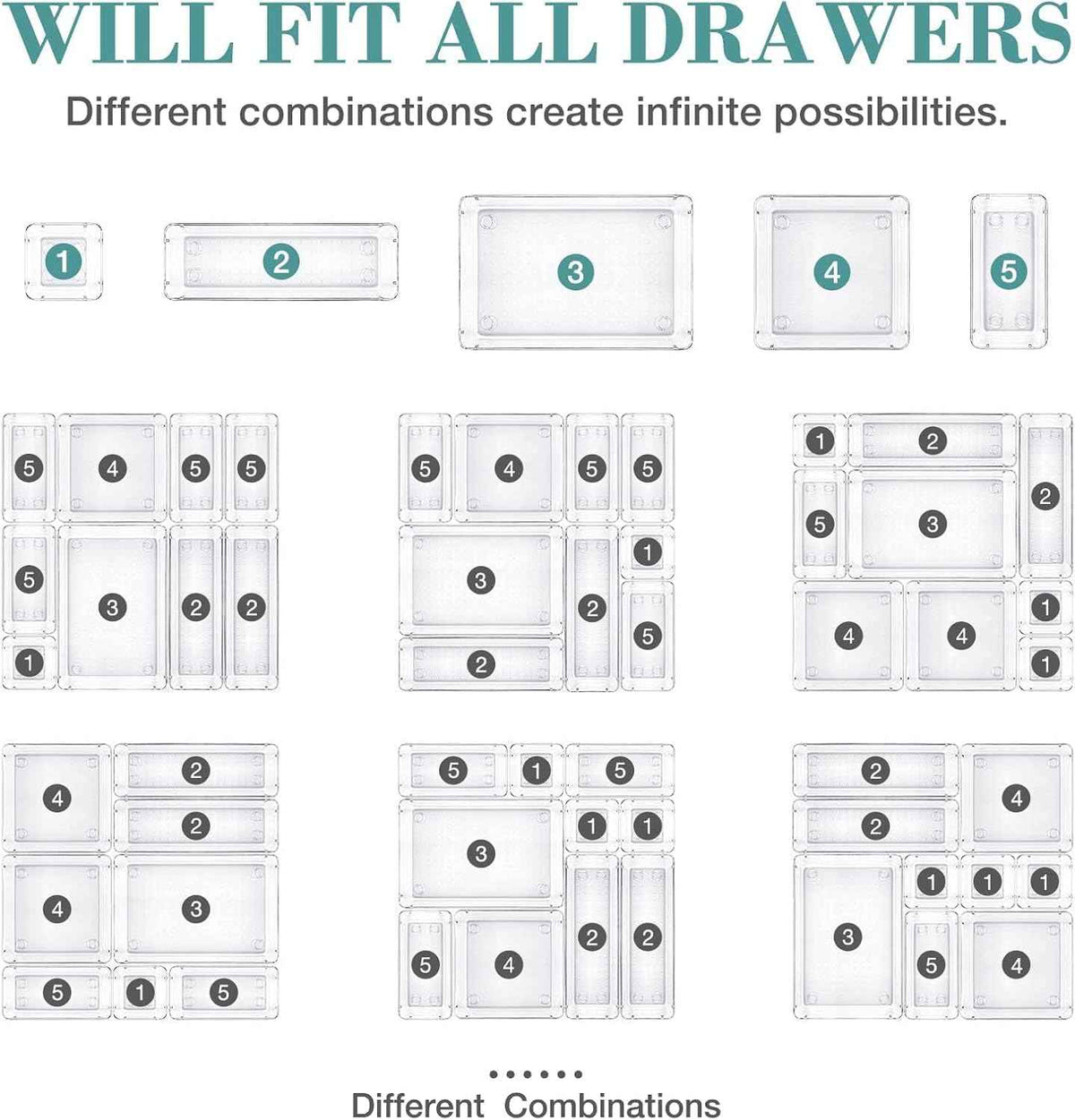16-Piece Drawer Organizer Set - Clear Storage Bins for Makeup, Jewelry, Utensils and Gadgets