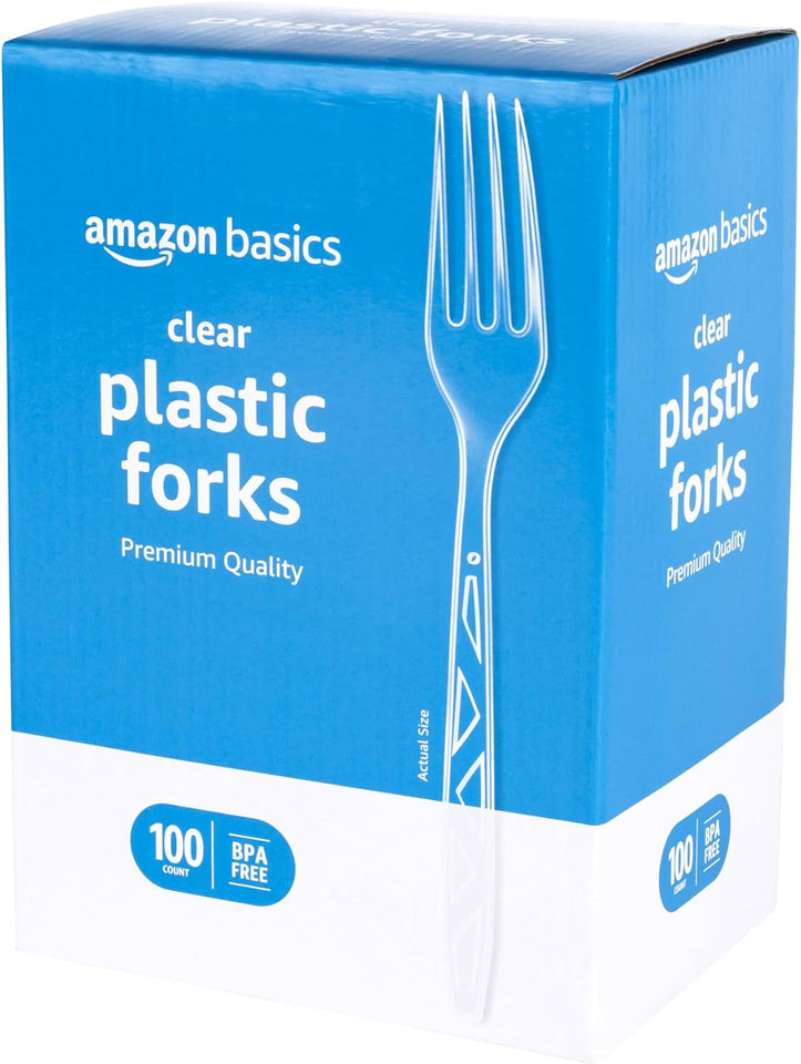 Amazon Basics Disposable Clear Plastic Forks, Premium Quality, BPA-Free, for Everyday Use, Party Supply, Events, 100 Count